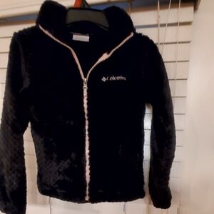 Girls black faux fur Colombia zip front Jacket EUC